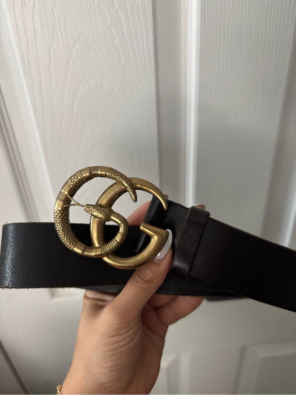 Gucci Black Leather Belt with Antique Gold Double G Snake Buckle
